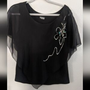 Women's Elegant Holiday Party Blouse Vintage Retro Beaded Whimsical Floral Black